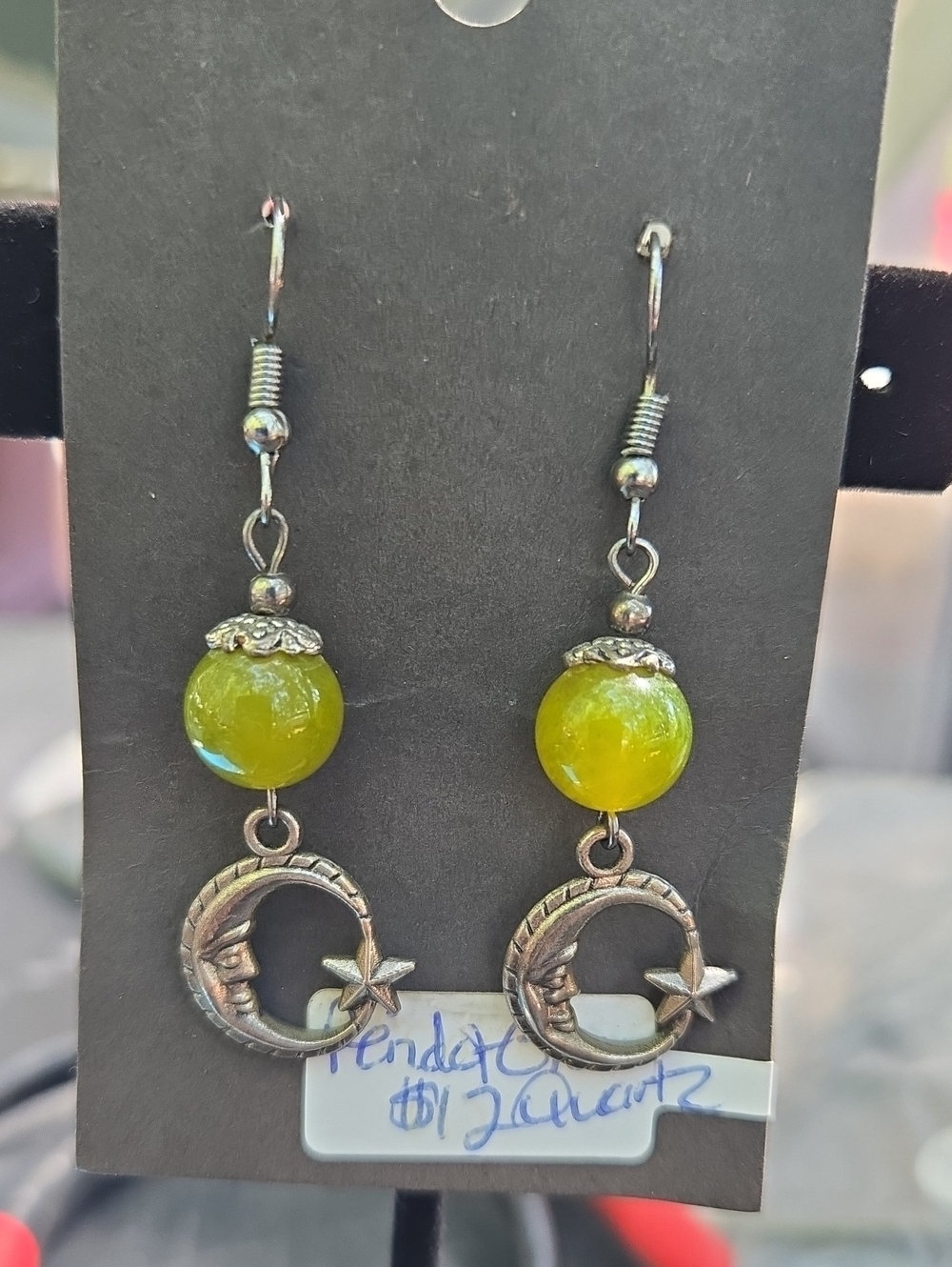 Handmade Crescent Moon & Star Drop Earrings with Green Dyed Quartz Beads: G